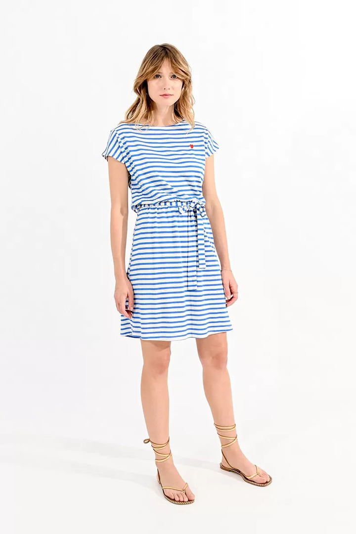 STRIPED JERSEY DRESS WHITE COBALT BLUE